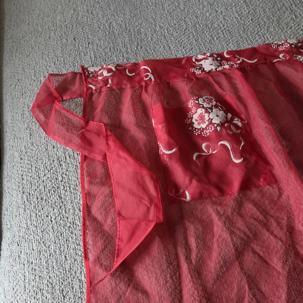 Vintage Red Sheer Hostess Apron – Retro Kitchen Glam With Floral Pocket